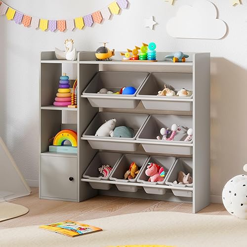 Miniatura 8 de Costzon Organizador de almacenamiento de juguetes para niños con 8 contenedores, estantería de madera para niños pequeños con estantes abiertos y