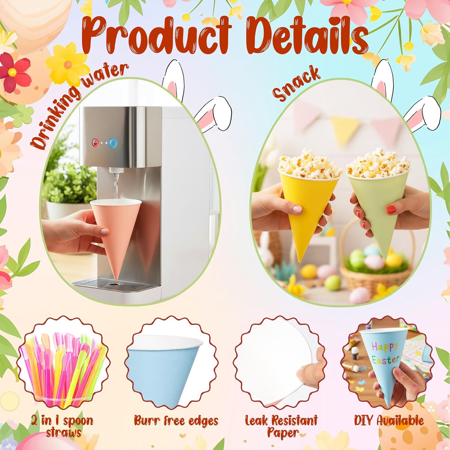 Honeydak 100 Pcs 6 oz Snow Cone Cups with 8 Inch Spoon Straw Spring Pastel Leakproof Paper Cone Water Cups Disposable Colorful Shave Ice Cream Bowl for Slush Shaved Ice Cream Sorbet Water