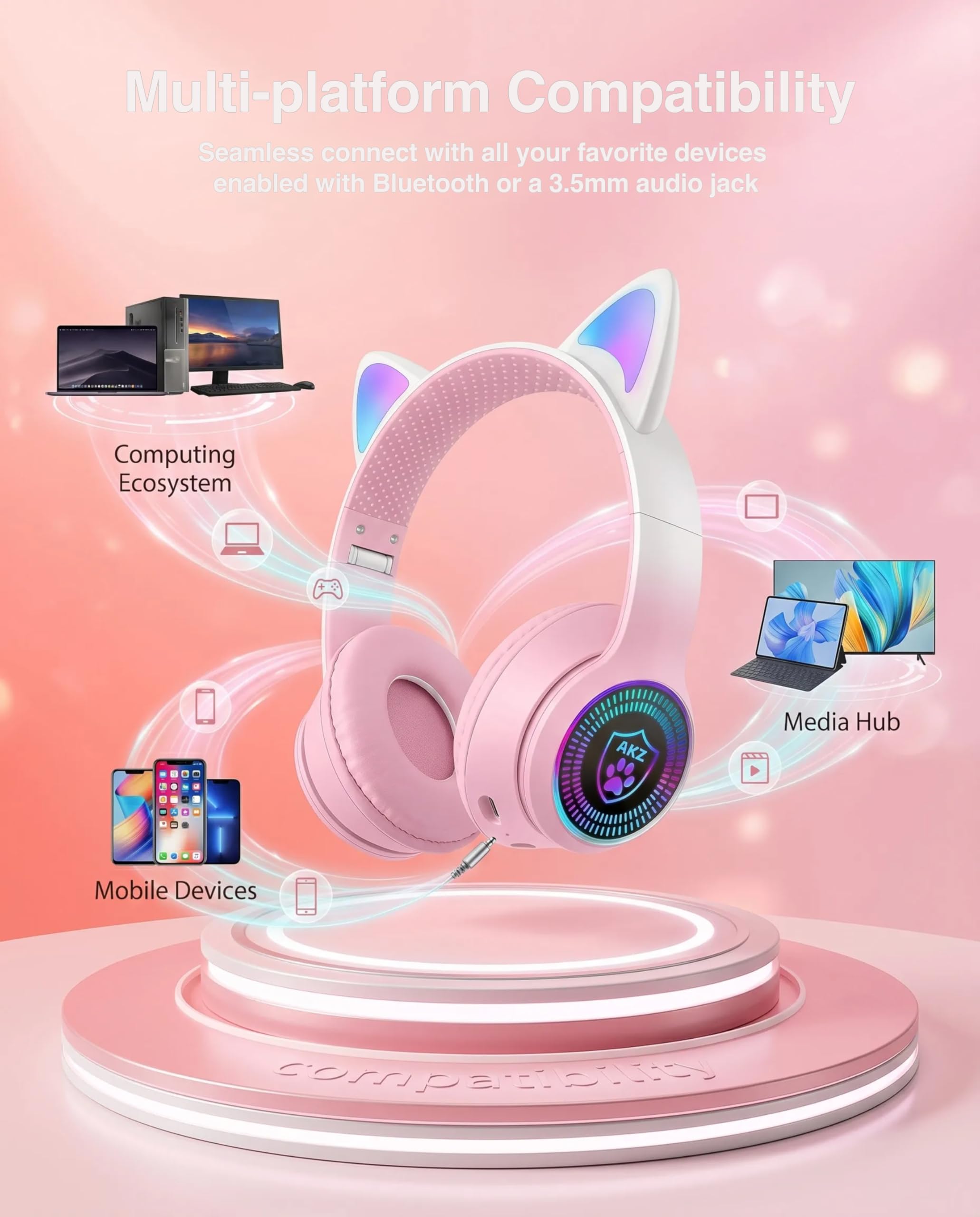 Cat Ear Gaming Bluetooth 5.2 Kabellose Faltbare Kopfhörer mit LED-Licht, Stereo-Spiel Surround Sound Over-Ear Headsets mit Mikrofon AUX für PC, Pad, Handy, Laptop, Spiel, Kinder, Geschenk