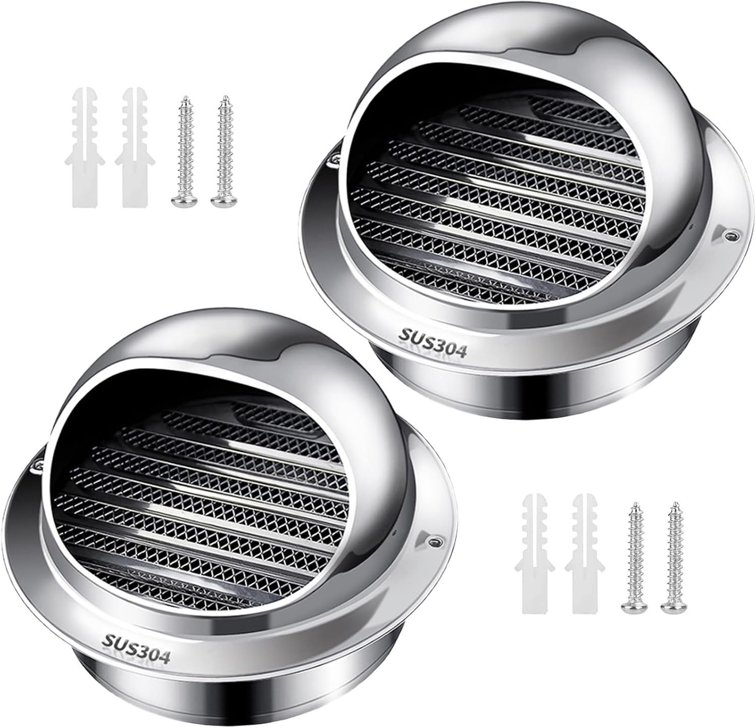 2 Pcs 304 Stainless Air Vent Covers Exterior Round Soffit Vent Cover Exhaust Vent Louver Grille Cover for Wall, Ceiling Mount, Bathroom, Garage, Attic Ventilation, Silver(190 mm/7.4in)