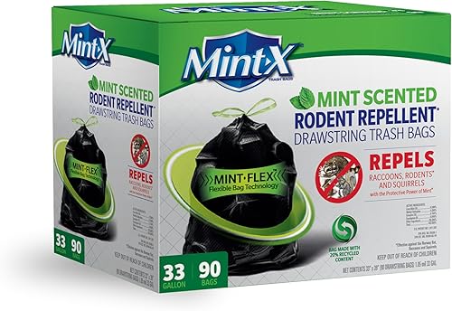 Mint-X Repelente de roedores, bolsas de basura para exteriores e industriales con cordón y tecnología Mint-Flex 33 galones, 90 unidades, color negro