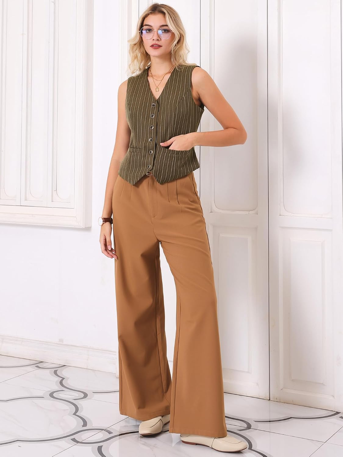 Hobemty Women's Pinstripe Waistcoat Button Down Vintage Striped Vest
