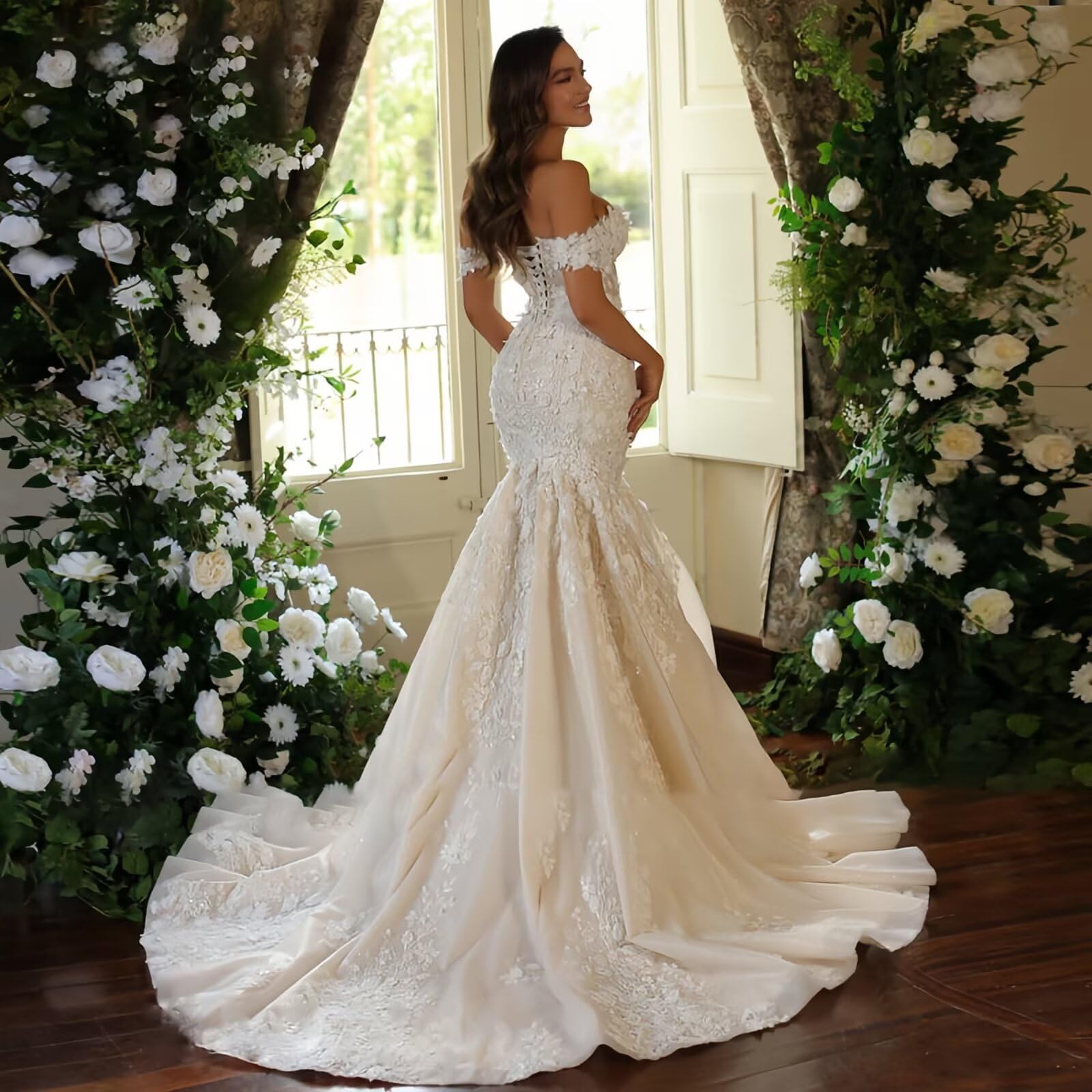 HUINI Off-Shoulder Tüll Hochzeitskleider für die Braut Meerjungfrau Spitzenapplikationen Strand Brautkleider mit Schleppe
