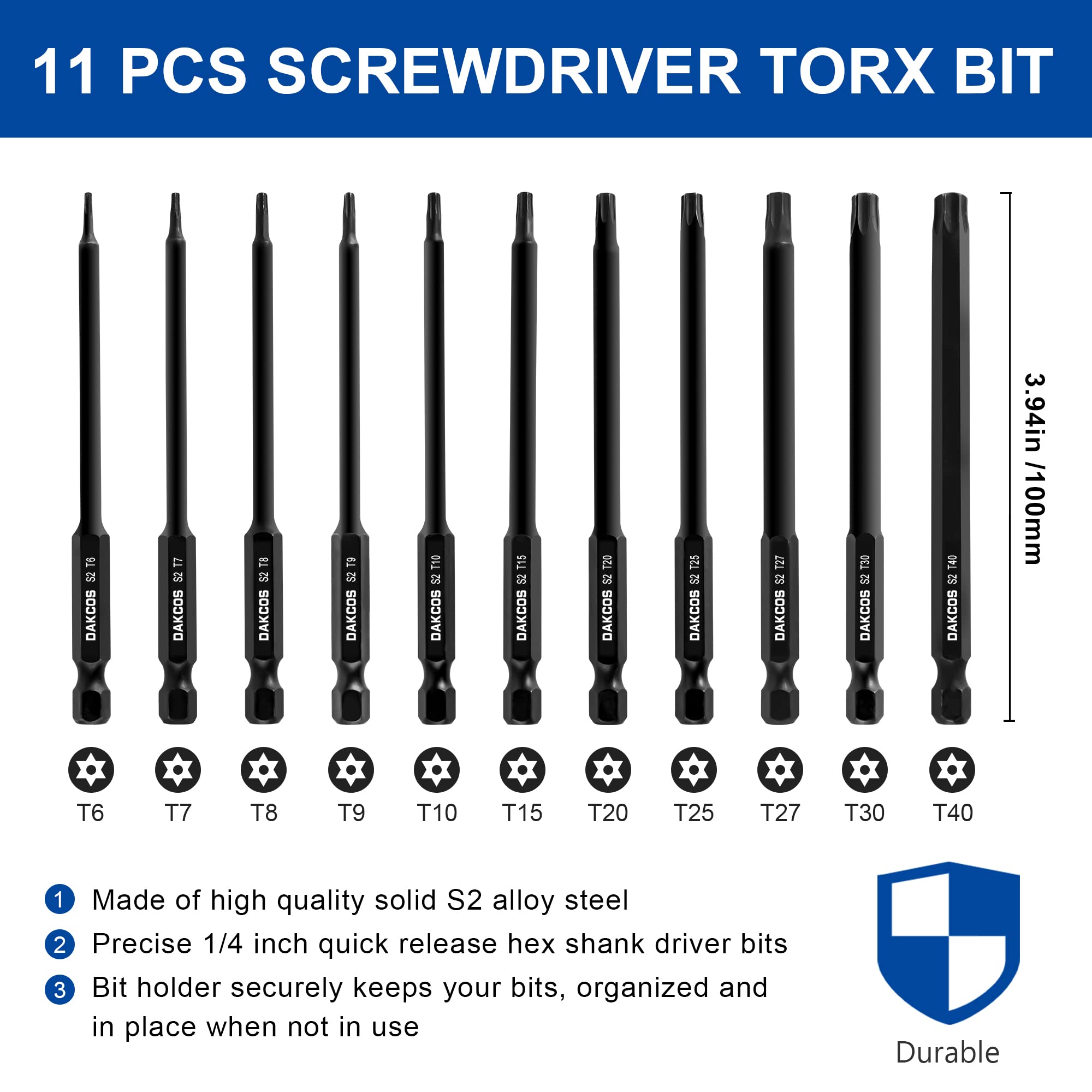 DAKCOS T6 - T40 zestaw bitów Torx odporny na manipulacje, 11-częściowy zestaw bitów Security Star, długość 100 mm, stal stopowa Premium S2
