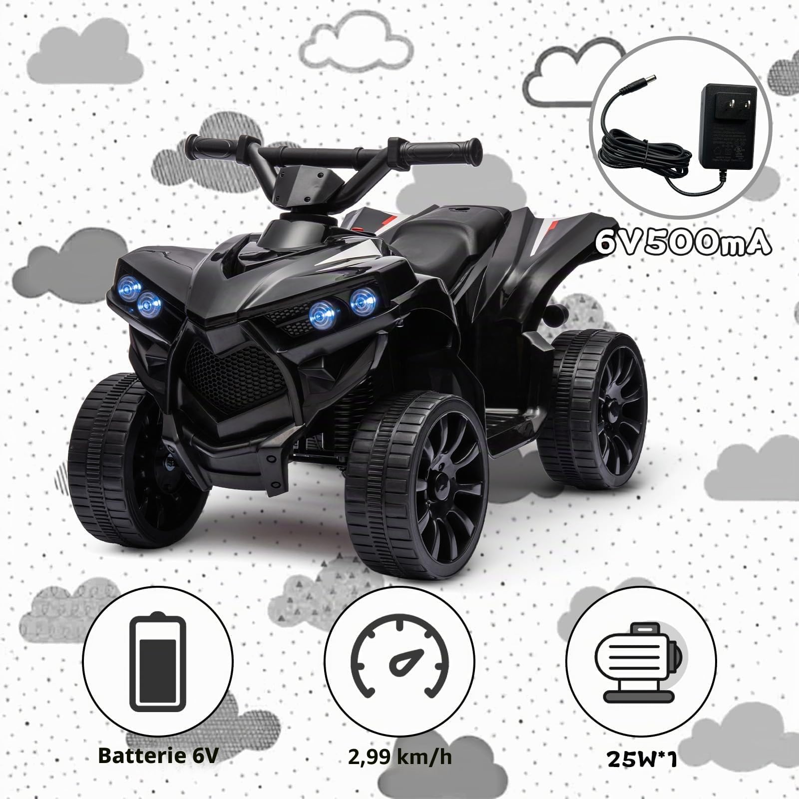 Garvee Quad Électrique Enfant, Voiture Électrique pour Enfants avec LED Et Musique,1.5-3 km/h, Klaxon, ATV pour Enfants 3+