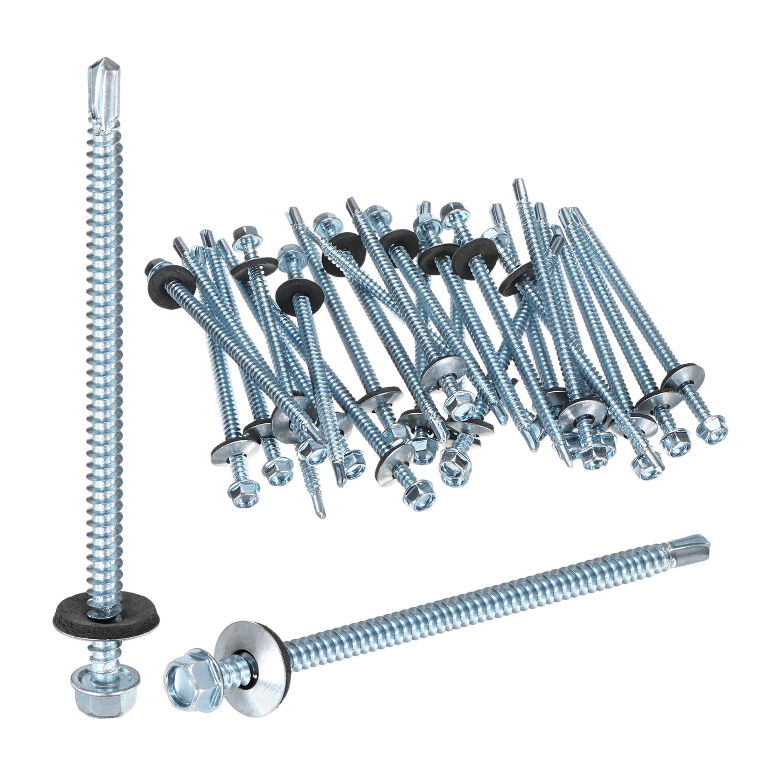 M METERXITY 25-Pack Self Drilling Screws with Rubber Washer M5.5 x 100mm Zinc Plated Carbon Steel Hex Head Self-Tapping Screws for Metal Roofing/Siding Panels/Steel Structures