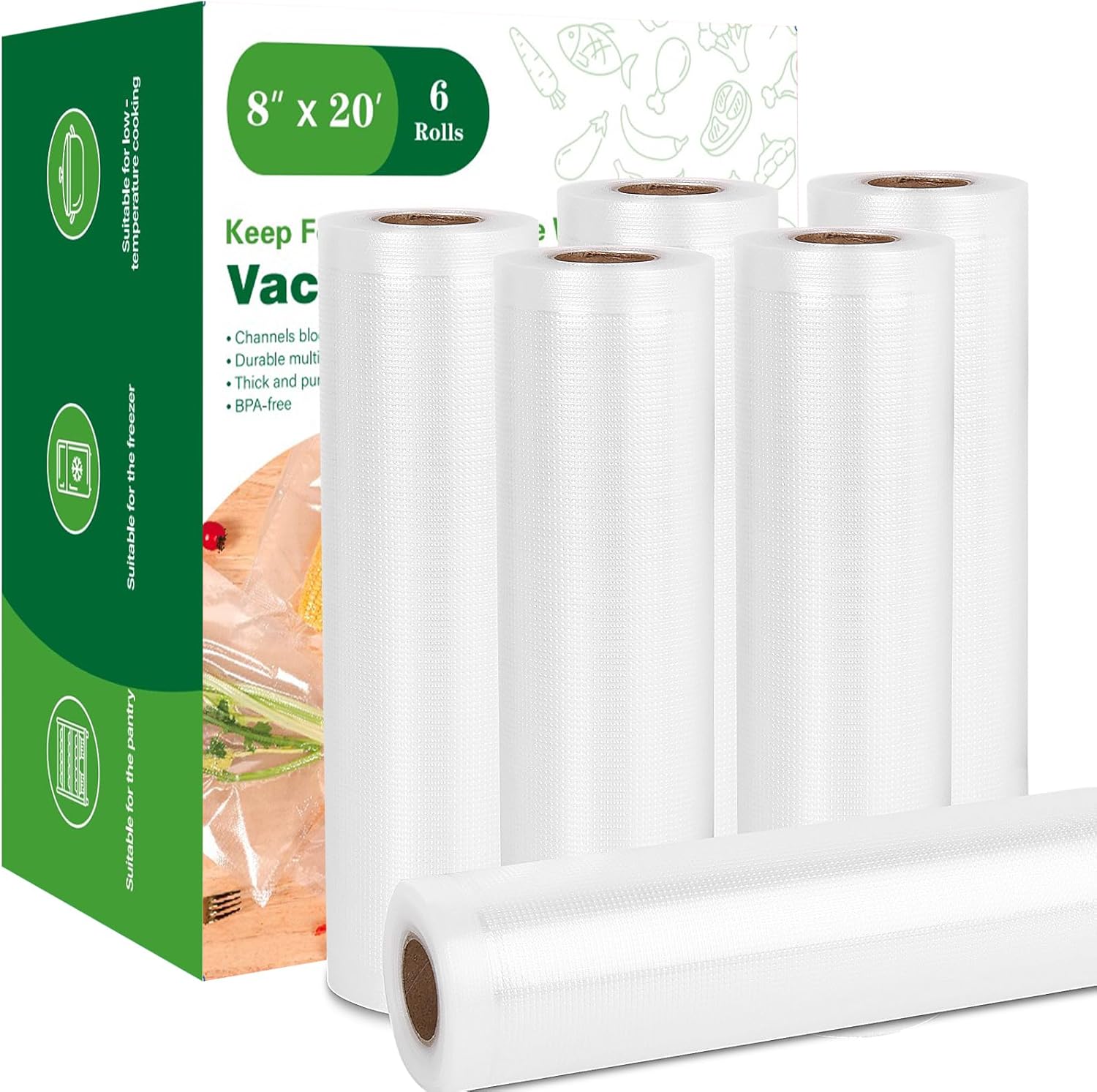 Moretoes Vacuum Sealer Bags, 6 Rolls 8" x 20' Food Vac Bags for Food Storage Saver, Commercial Grade Bag Rolls, BPA Free, Customized Size Bag for Sous Vide Cooking or Meal Prep