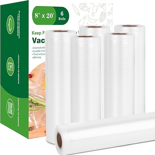 Moretoes Bolsas selladoras al vacío, 6 rollos de 8 pulgadas x 20 pies, bolsas de vacío de alimentos para guardar alimentos, rollos de bolsas de