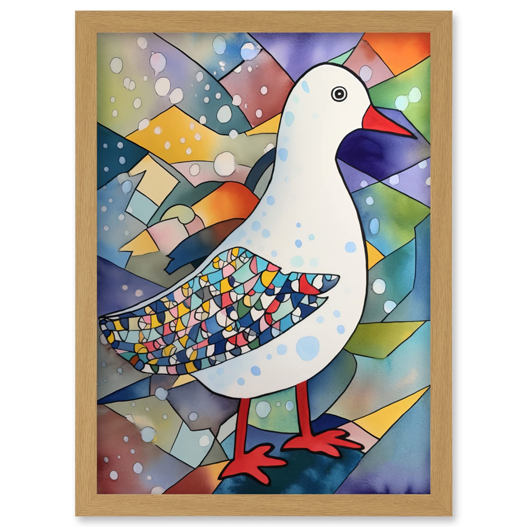 Artery8 Seagull Bird And Snowflakes Folk Art Artwork Framed Wall Art Print A4