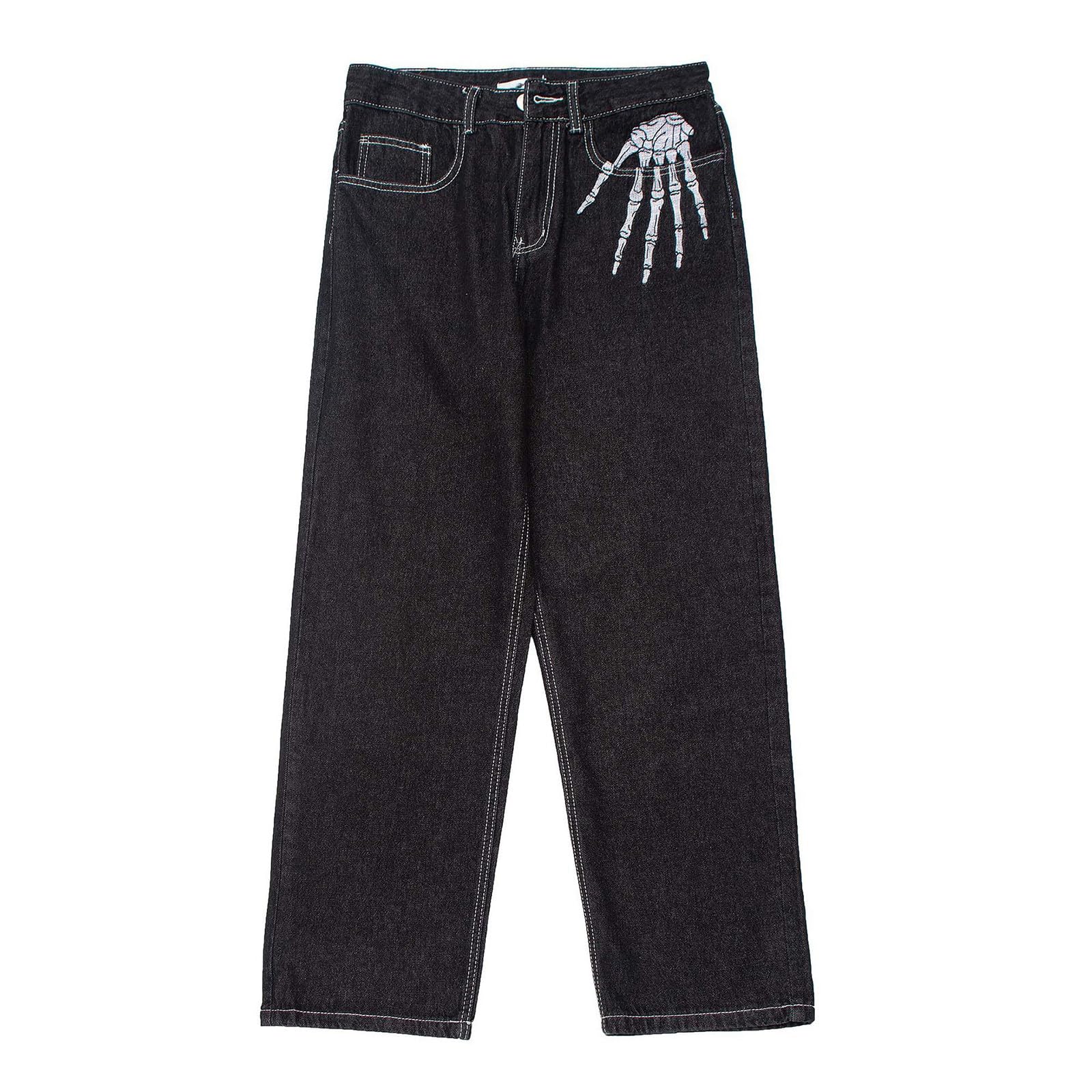 Pantalon Vaquero Hombre-Pantalones Vaqueros con Estampado de Esqueleto de High Street, Corte Holgado, Pierna Ancha, Corte Recto, Moda Alternativa, Pantalones estéticos Oscuros para