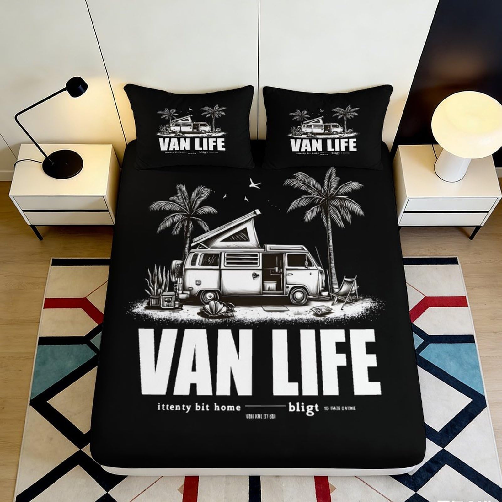 3D Printed Van Camper Fitted Sheet Microfiber Black Palm Tree Bed Cover for Bedroom Guest Room Mattress Protection 90x200x25cm
