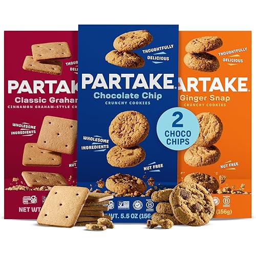 Partake Gluten Free Crunchy Cookies Variety Pack (Chocolate Chip, Ginger Snap, Graham Cracker) - Vegan - Free From the Top 9 Allergens Including Dairy, Wheat, Soy, Eggs, & Peanuts - Non GMO - Safe School & Office Snack (4 Pack, 5.5oz Boxes)