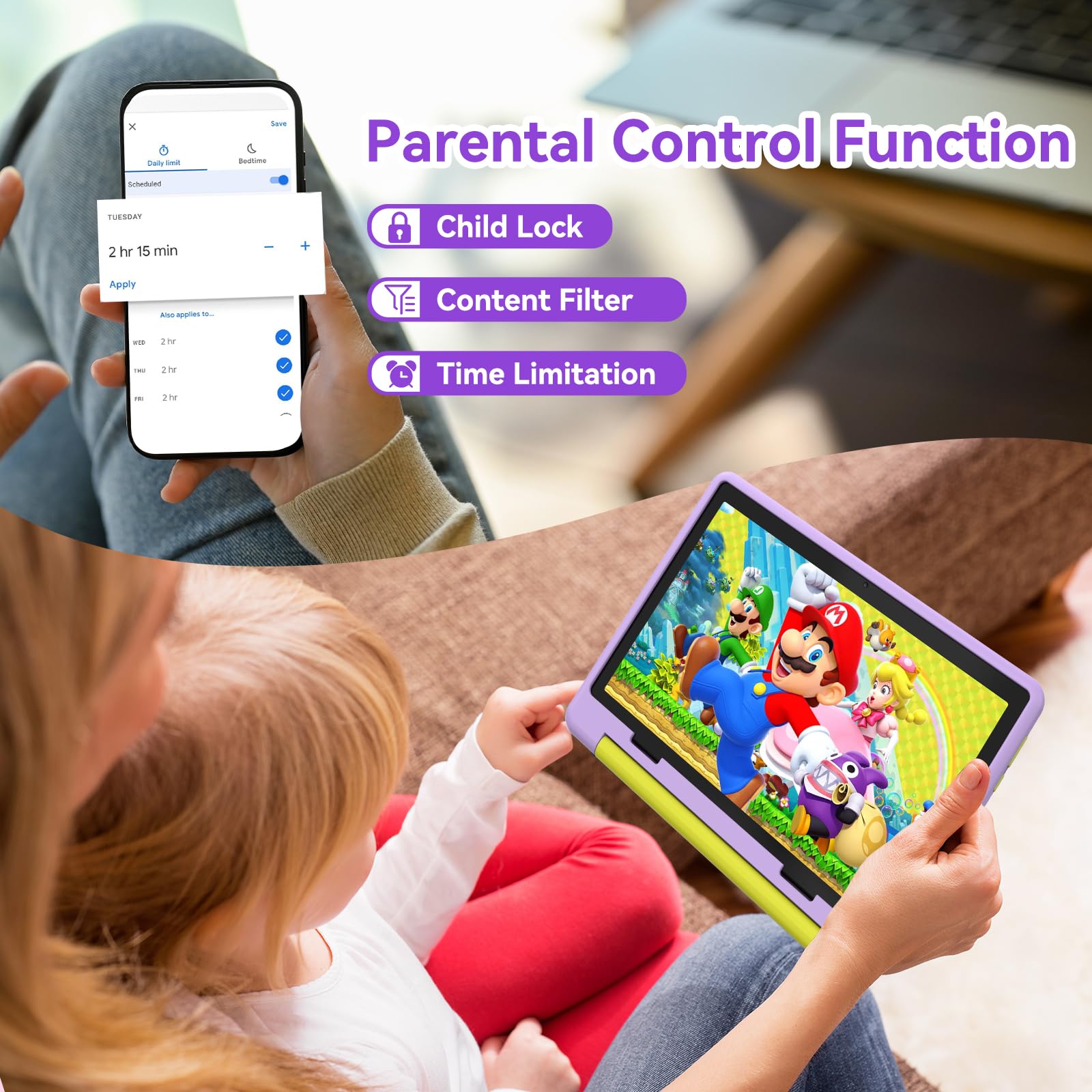 Kids Tablet, Android 15 Kids Tablet 10 inch Octa-Core with 20GB+64GB+1TB Expand Tab for Toddler Child｜ Parental Control｜WiFi 6｜BT 5.3｜Dual Camera｜Protective Case｜Great Gift for Child(Purple) — view 5