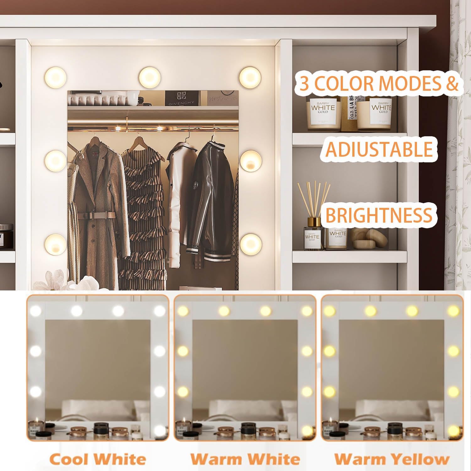 Vanity Desk, White Makeup Vanity with Mirror and Lights, Large Vanity Table with 11 Drawers, 6 Shelves, Vanity Set 3 Color Modes Brightness Adjustable, for Bedroom