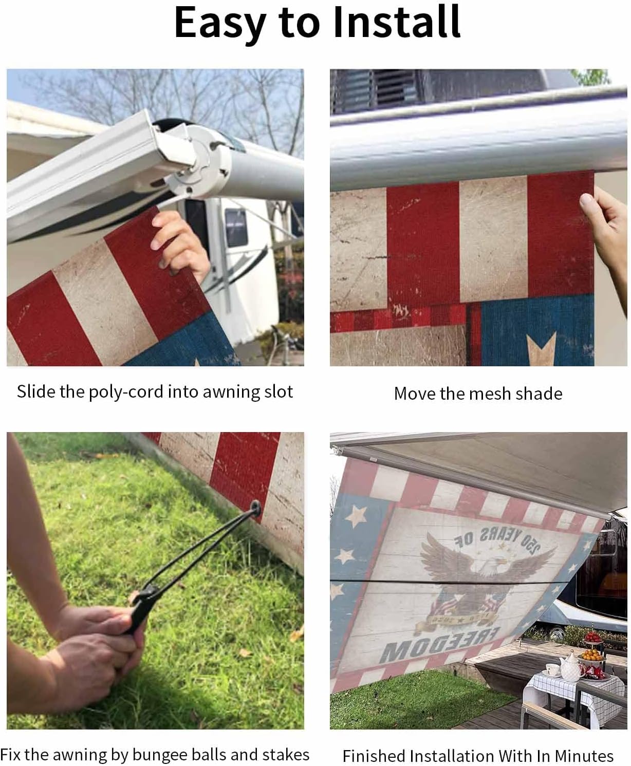 RV Awning Sun Shade Screen 9' x 7', 250 Anniversary USA Flag Mesh RV Awning Shades Complete Kits, Eagle Blue Red Vintage Sunlight Blocker Outdoor Canopy for Camping Trailer Motorhome