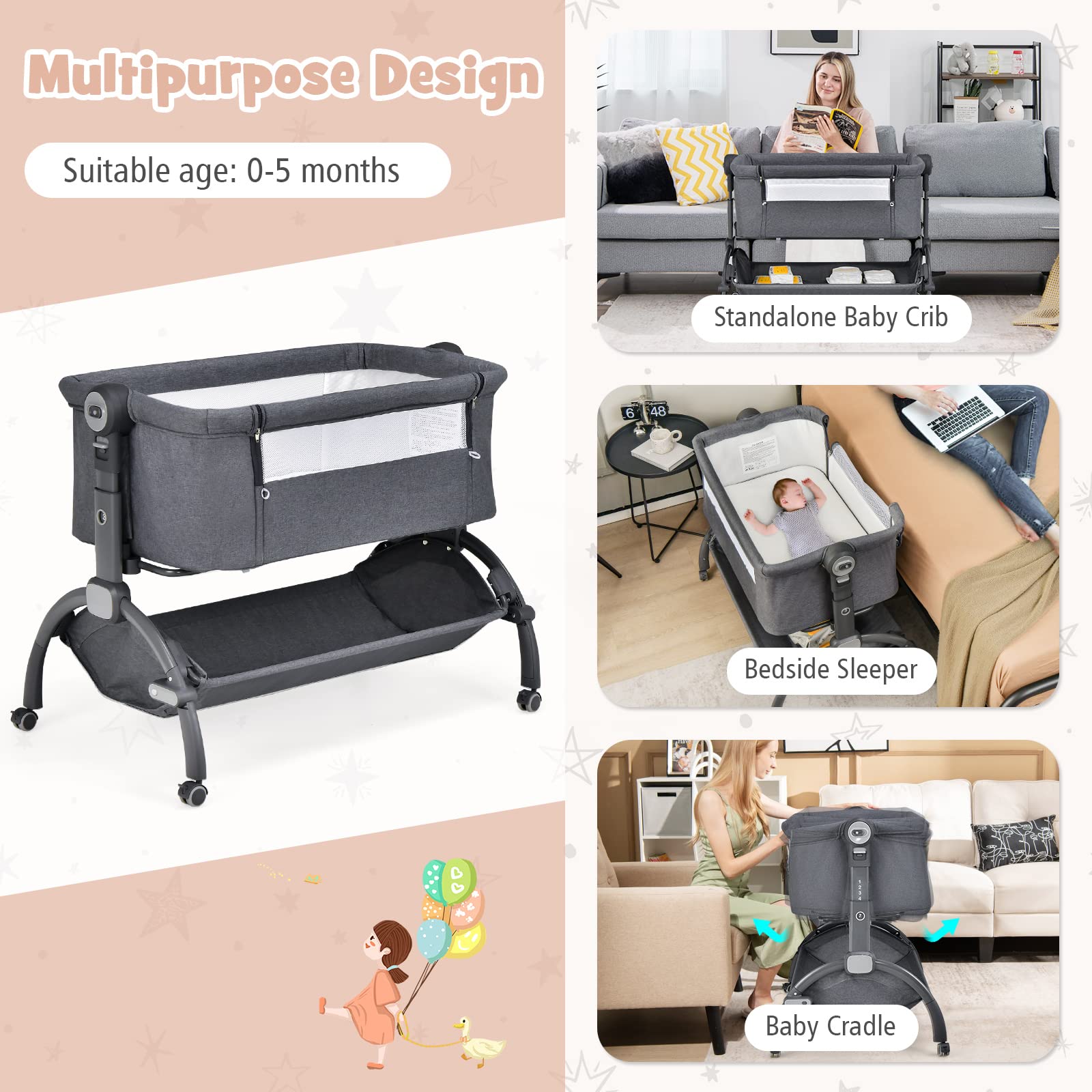 RELAX4LIFE Culla Neonato Fianco Letto, con Materasso, Zanzariera Cinghia Fissaggio, Regolabile In Altezza 7 Posizioni, Borsa di Trasporto, per Bambini 0-6 Mesi fino a 9kg (Grigio1)