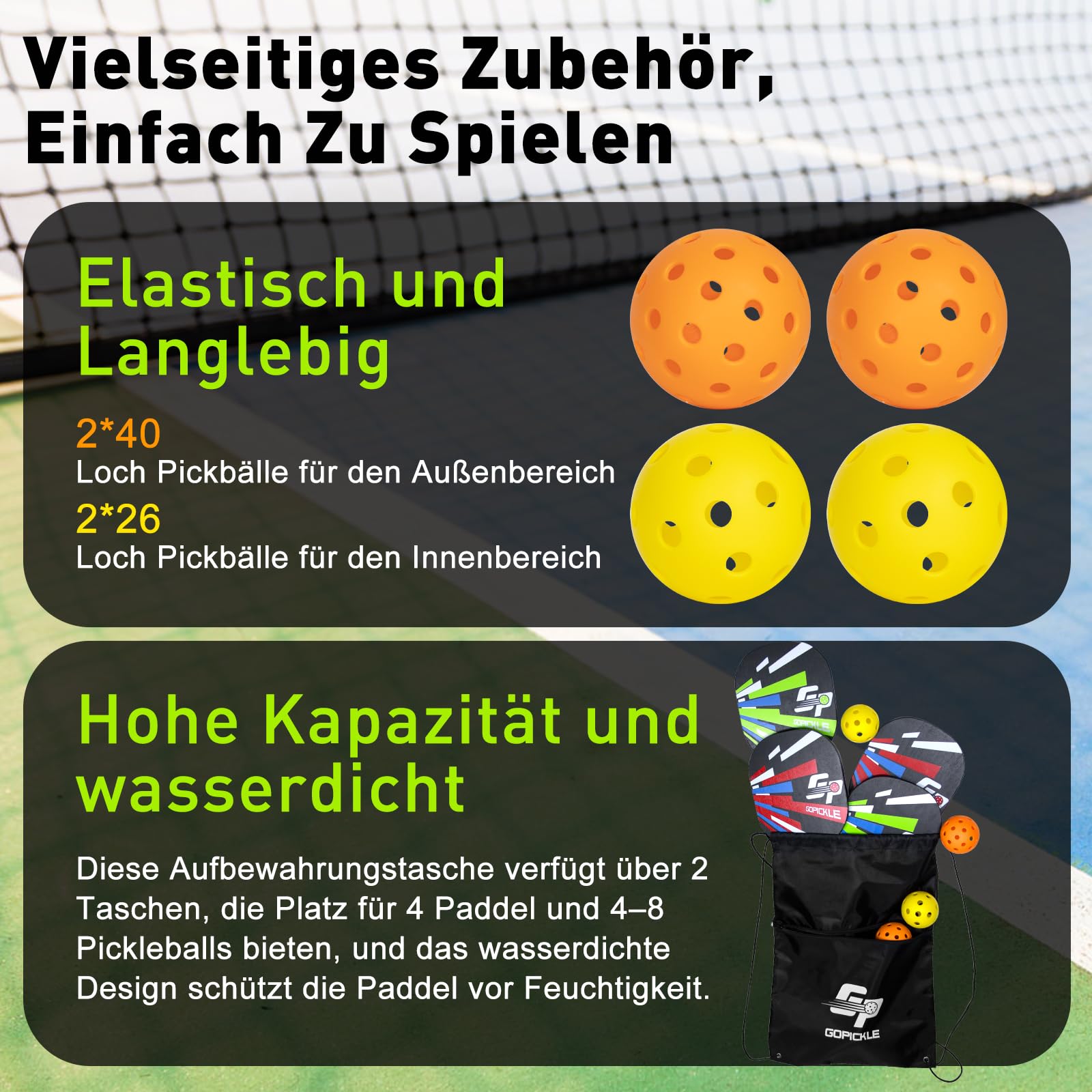 GoPickle Pickleball Set - 4 Premium-Holzpaddel, 4 Bälle, Wasserdichte Tragetasche - Indoor & Outdoor Schläger Für Anfänger Und Erwachsene