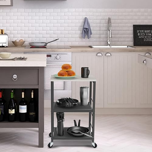 Miniatura 9 de MOOACE Mesa auxiliar rústica de 3 niveles con ruedas mesa auxiliar estante de almacenamiento para dormitorio cocina sala de estar y oficina marco de