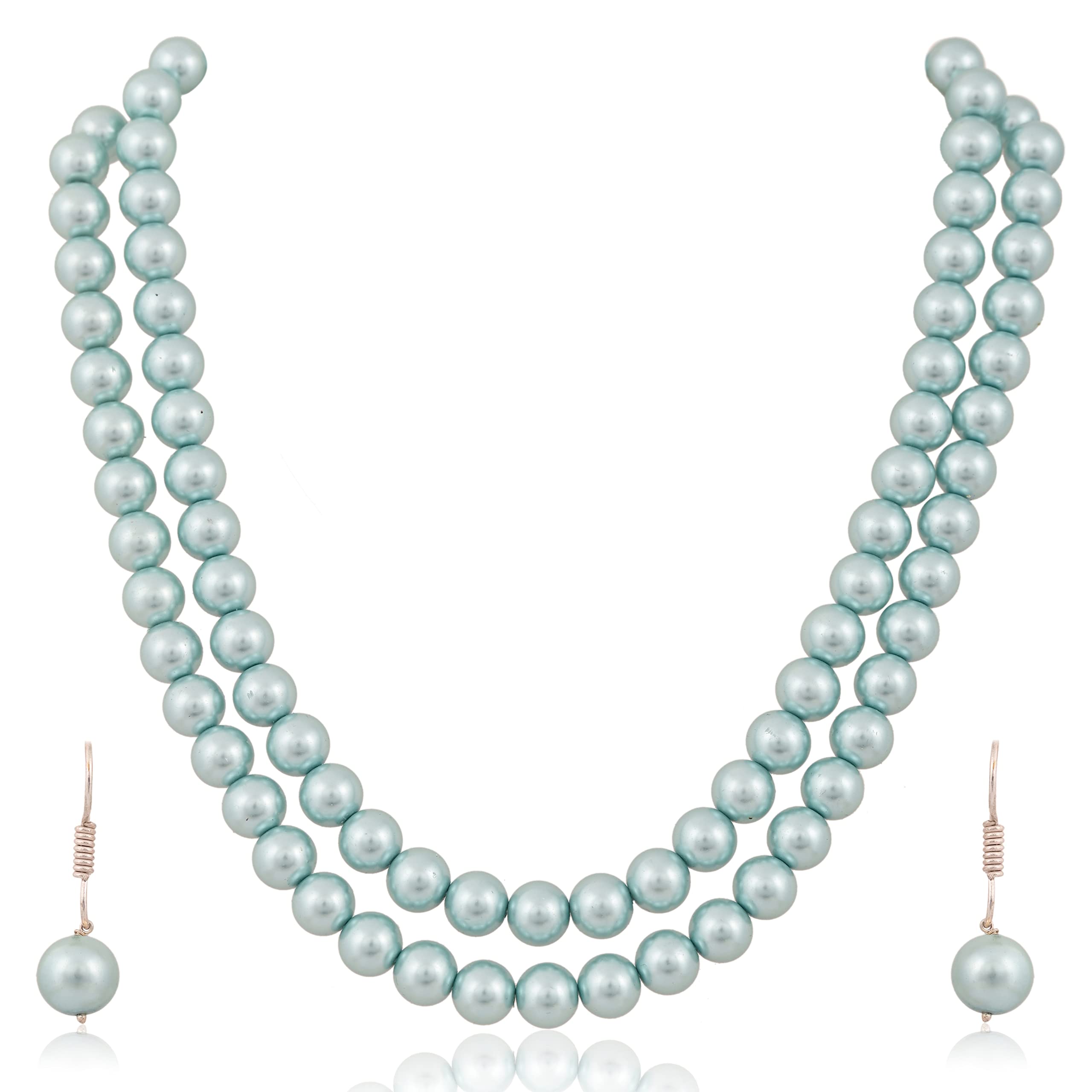 Ratnavali JewelsImitation Pearl 10MM Bead Size Double Strand Necklace Pearl Moti Mala Jewellery Set with Earrings for Women Girls