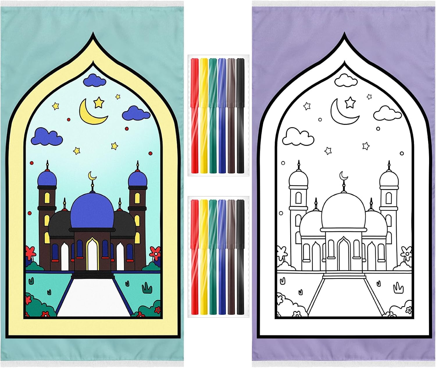 Drydiet 2 Pcs Kids Prayer Mats, Ramadan Eid Gifts for Kids, Washable Painted Prayer Rug with 12 Colourful Marker, Muslim Islamic Gifts, Painted Religion Supplies