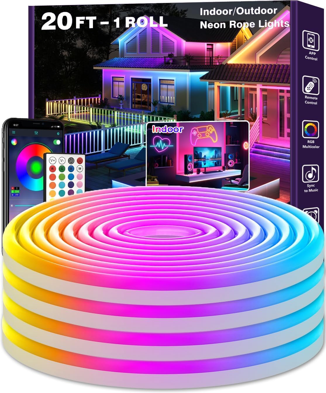EJ's SUPER CAR 20Ft Neon Rope Lights, Flexible LED Strip Lights with App Remote, Outdoor IP65 24V RGB Rope Lights for Bedroom, Music Sync Gaming Led Neons Light Strip for Outdoors Decor