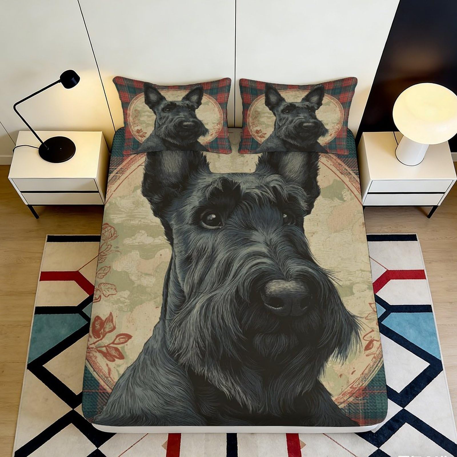 3D Printed Scottish Terrier Dog Fitted Sheet Microfiber Soft Breathable Vintage Plaid Bed Cover for Bedroom Dorm Mattress Protection Decor 180x200x25cm