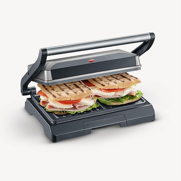 SEVERIN Multi-gril viande compact, Gril électrique multifonction pour légumes, steaks et paninis, Gril viande avec plaques antiadhésives, 800 W, Gris/Noir, KG 2394 - 5