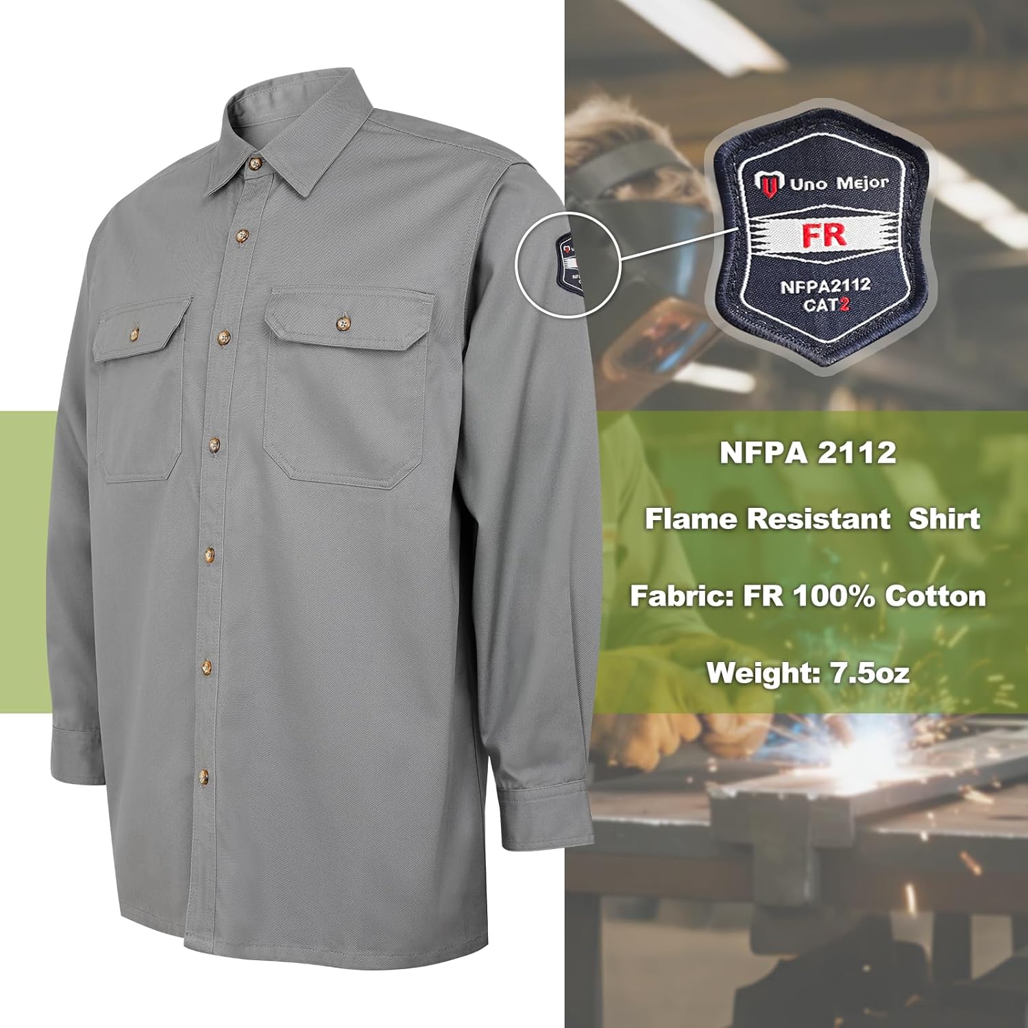 FR Shirts for Men 7.5oz Welding Shirt, 100% C Flame Resistant Welding Jacket, Men's Fire Retardant FR Clothing for Men, Durable Welding Gear for Safety Work, Meets NFPA2112, Grey-ZRND XL - Image 3
