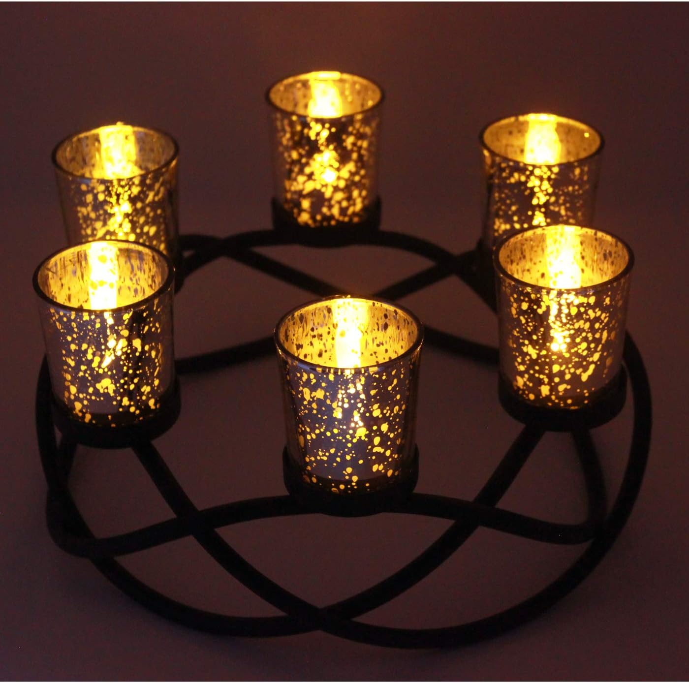 Seraphic Iron Round Table Decor Christmas Centerpiece Decorations Candle Holder for Weddings, Outdoor Patio, Dining Room, and Coffee Tables, Glass Votive Tealight Holders, Black, 6 Silver Cups