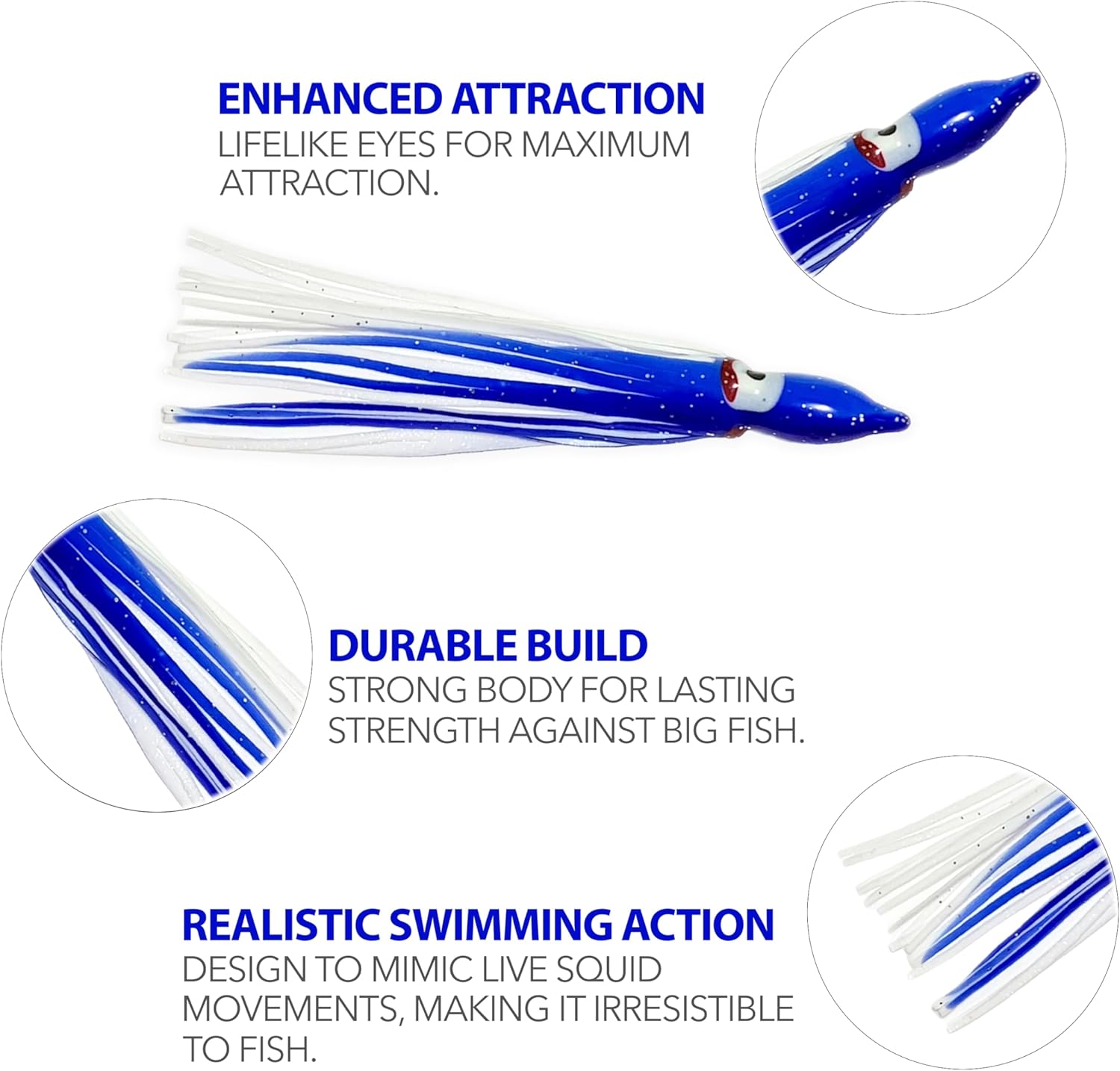 4.75" Trolling Squid Skirts, 40 Pcs Blue/White Hoochie Bait Lures, for Saltwater Big Game Fishing, Includes Soft Plastic Bodies, Ideal for Salmon, Tuna, Mahi & Offshore Trolling