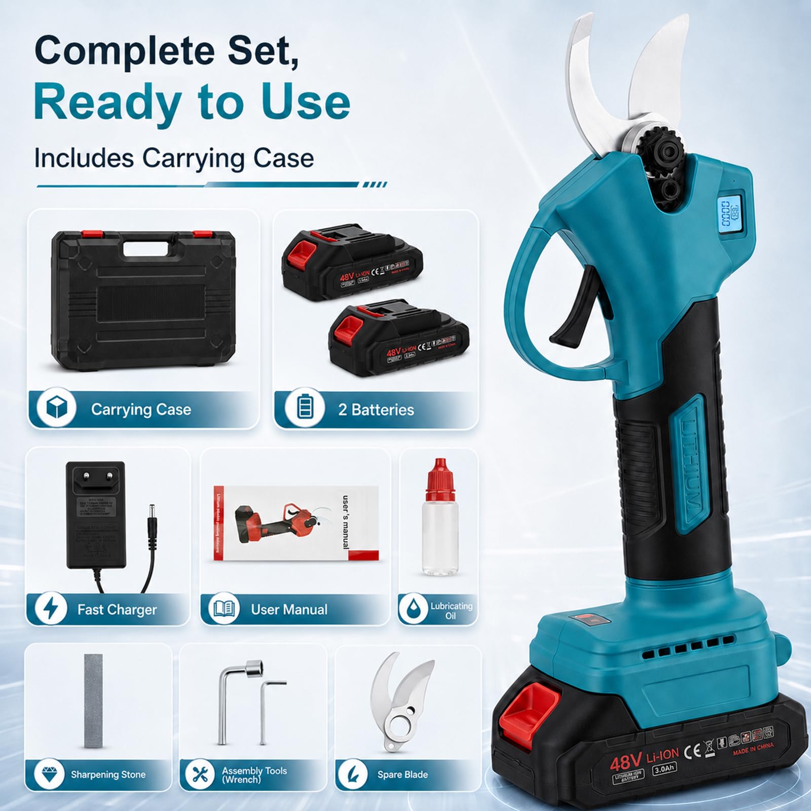 Sécateur électrique sans fil de 50 mm avec 2 batteries de 3,0 Ah, moteur sans balais de 800 W, écran LCD, protection contre la surchauffe, sécateur sans fil pour jardin, vergers, branches d'arbres