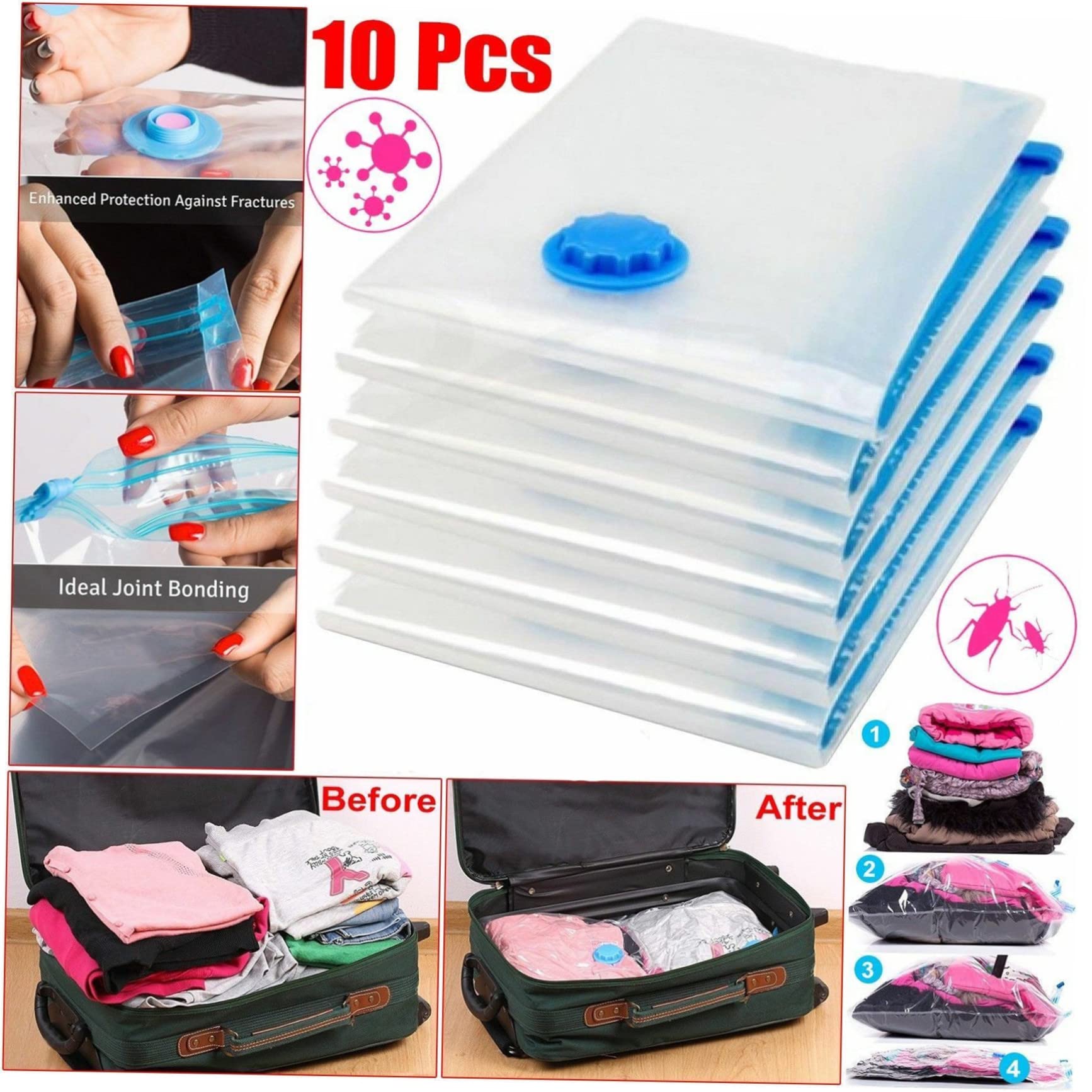 10 Stück Teiliges Wasserdichter Vakuum aufbewahrungsbeutel Platzsparende Kompressionsbeutel aus Umweltfreundlichem Material für Kleidung Bettwäsche und Quilts Faltbare Organizer