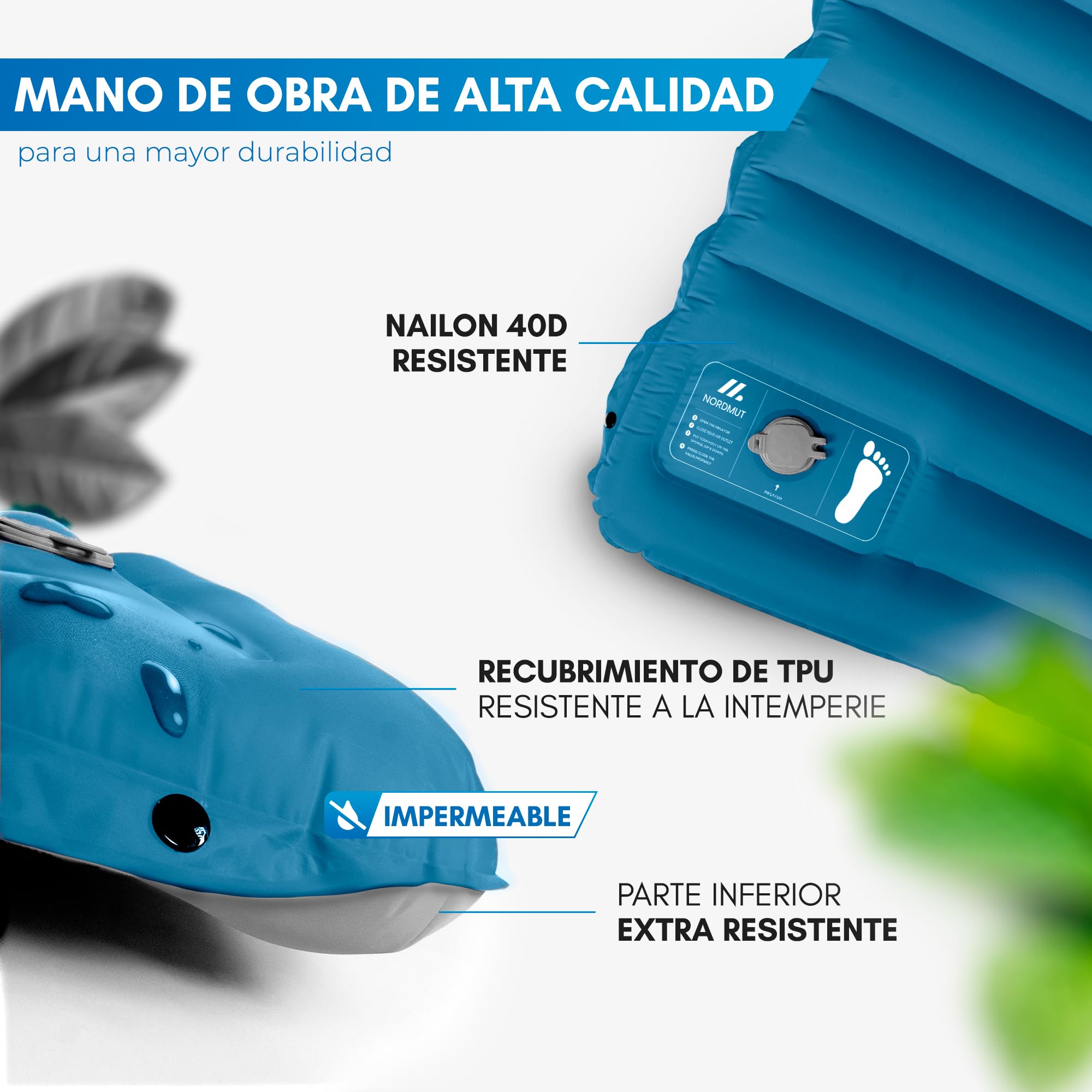 NORDMUT® Colchoneta Camping Autoinflable con Bomba de Pie Integrada 10cm – Colchoneta Compacta – Colchón Outdoor Ultra Cómodo (Azul)