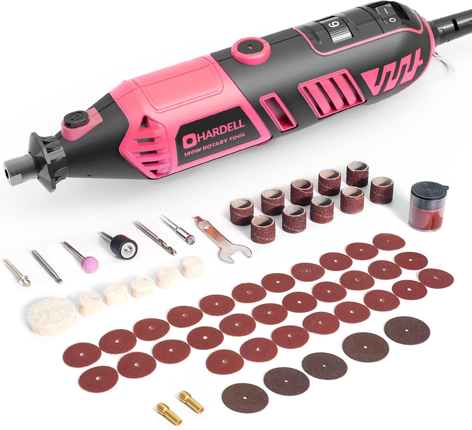 Rotary Tool Kit - 180W Corded Power Rotary Tool 6 Variable Speeds with 61 Accessories, 8000-35000RPM, for Sanding, Polishing, Cutting, Engraving,Carving, DIY Crafts (PINK)