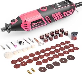 HARDELL Rotary Tool Kit - 180W Corded Power Rotary Tool 6 Variable Speeds with 61 Accessories, 8000-35000RPM, for Sanding, Polishing, Cutting, Engraving,Carving, DIY Crafts (PINK)