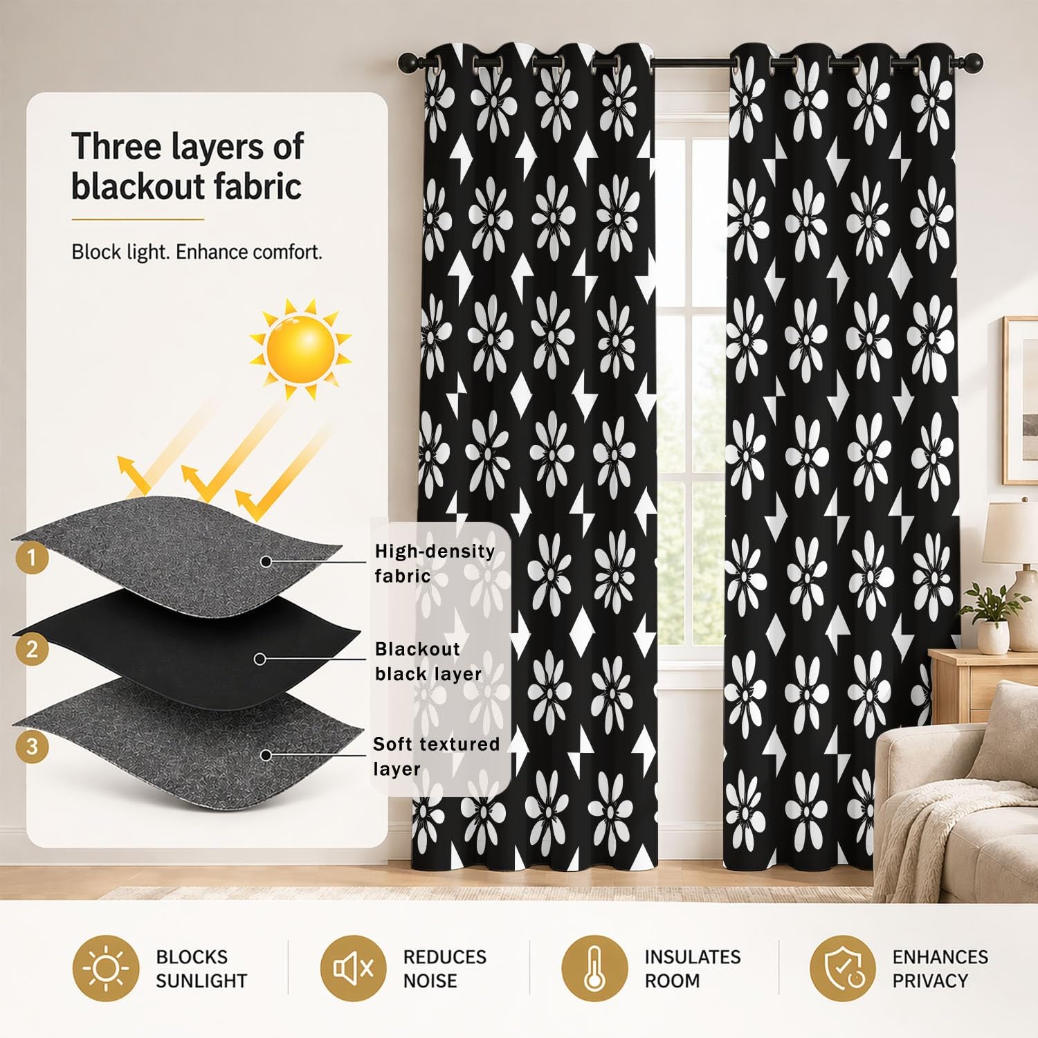 Generisch Schwarze siebenblättrige Blumen, Weiße Blumen Vorhänge Blickdicht 215 x 140 cm | Gardinen 2er Set - Retro-Trend, Nahtloses Schachbrettmuster - Verdunkelungsvorhänge für Hauptschlafzimmer