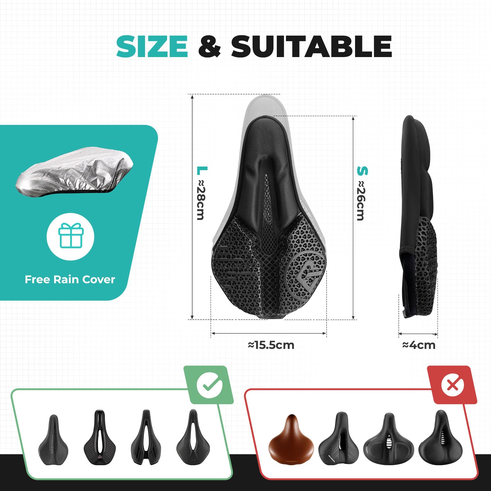 ROCKBROS Housse de Selle de Vélo Gel Rembourrage de Selle de Vélo 3D, avec Protection de Selle Imperméable, Housse de Selle de Vélo pour Vélo de Course VTT, Noir