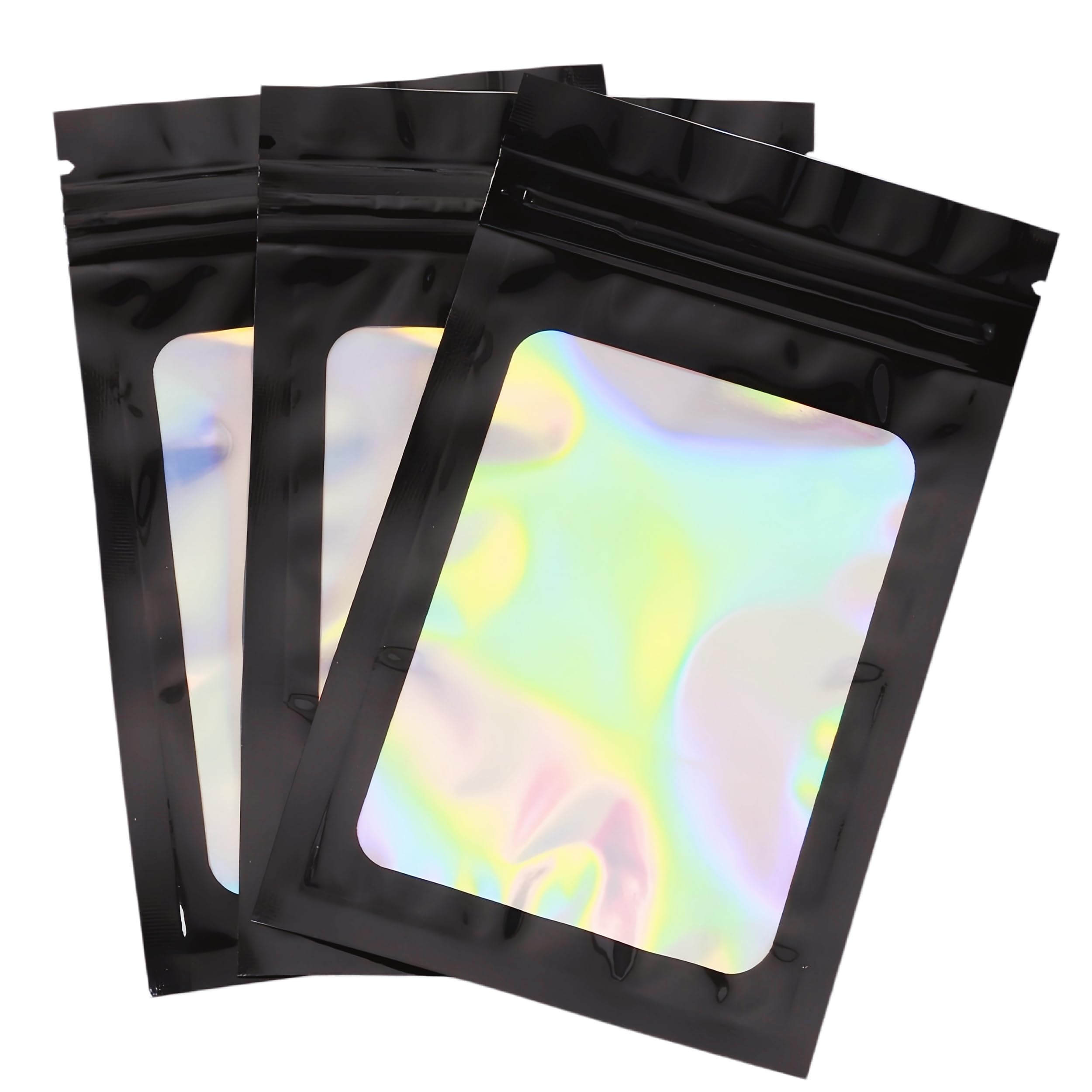 100 PCS Mylar Bags,Holographic Ziplock Smell Proof Baggies (Black, 7x10cm)