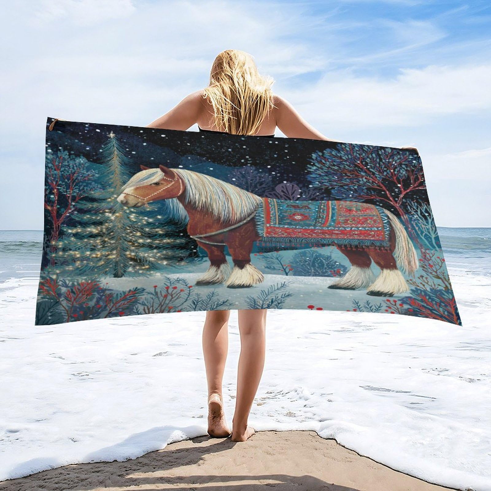 Luyysky Abstract Classic Animal Horse Absorbent Beach Towel, Watercolor Christmas Galaxy Xmas Tree Cowboy Theme Wildlife Horse Outdoor Single-Sided Velvet Beach Towel-80 W Cm X 160" L Cm