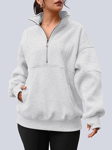 Miniatura 4 de AUTOMET - Sudaderas con capucha de cuarto de cremallera para mujeres, sudaderas de forro de vellón holgadas con cuello alto falso para adolescentes