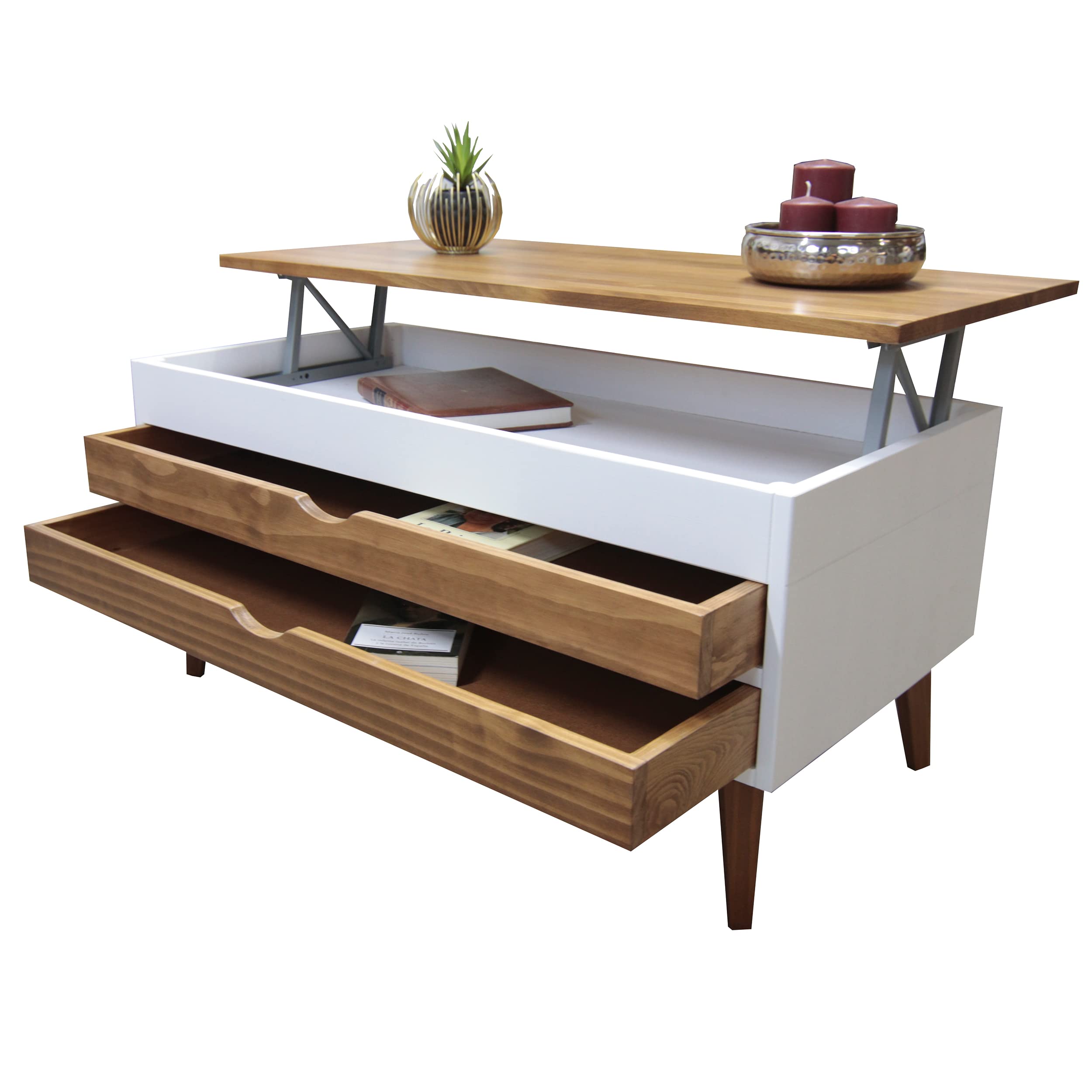 LoMasCasa - Mesa de Centro Salón Elevable Modelo Luzia 5 con Dos Cajones Deslizantes en Color Blanco y Madera Color Nogal Medidas 100x50x47 cm