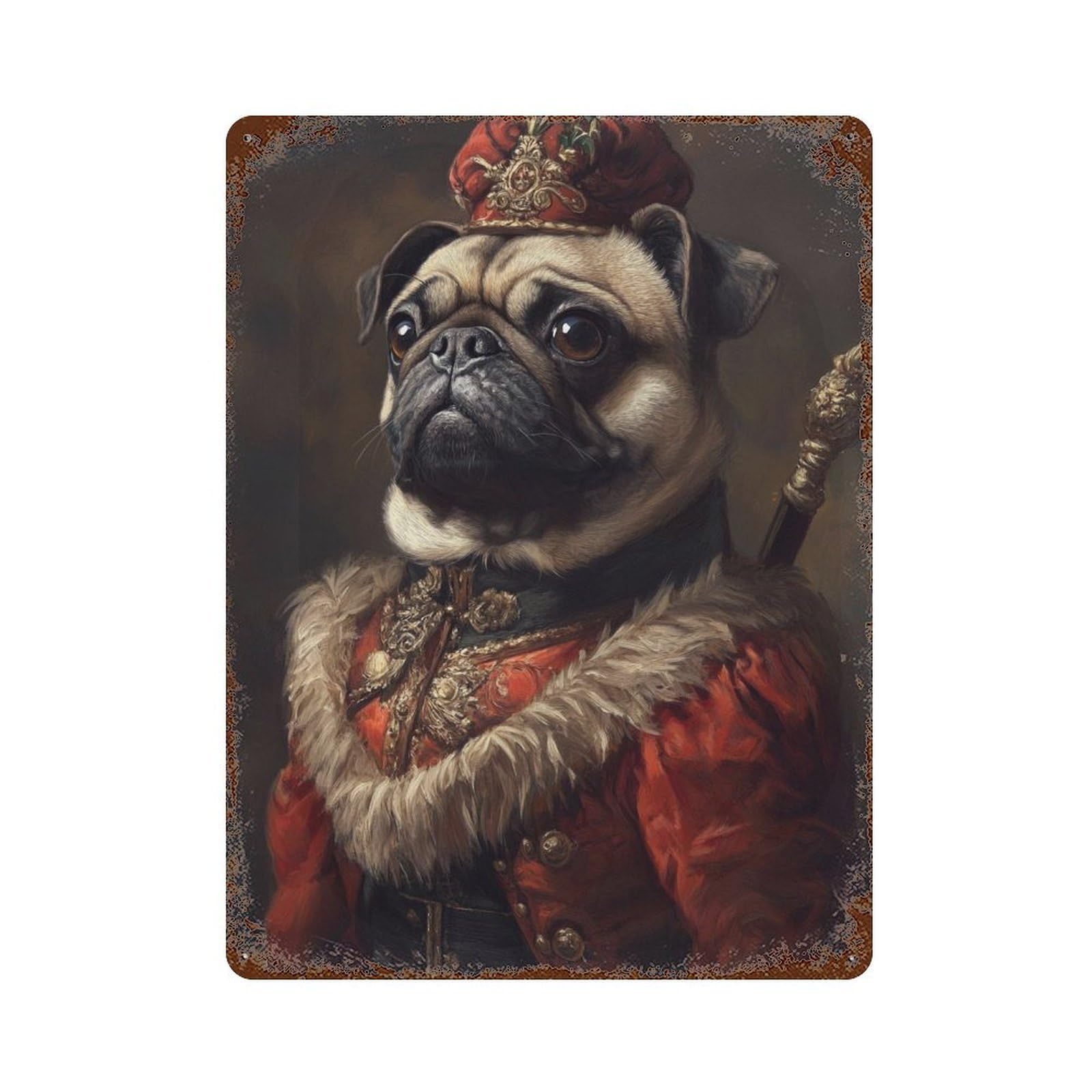 Royal Pug Portrait Art Print Rust Effect Tin Sign 15.7"x11.8", Farmhouse Wall Decor for Living Room, Hallway And Home Decor
