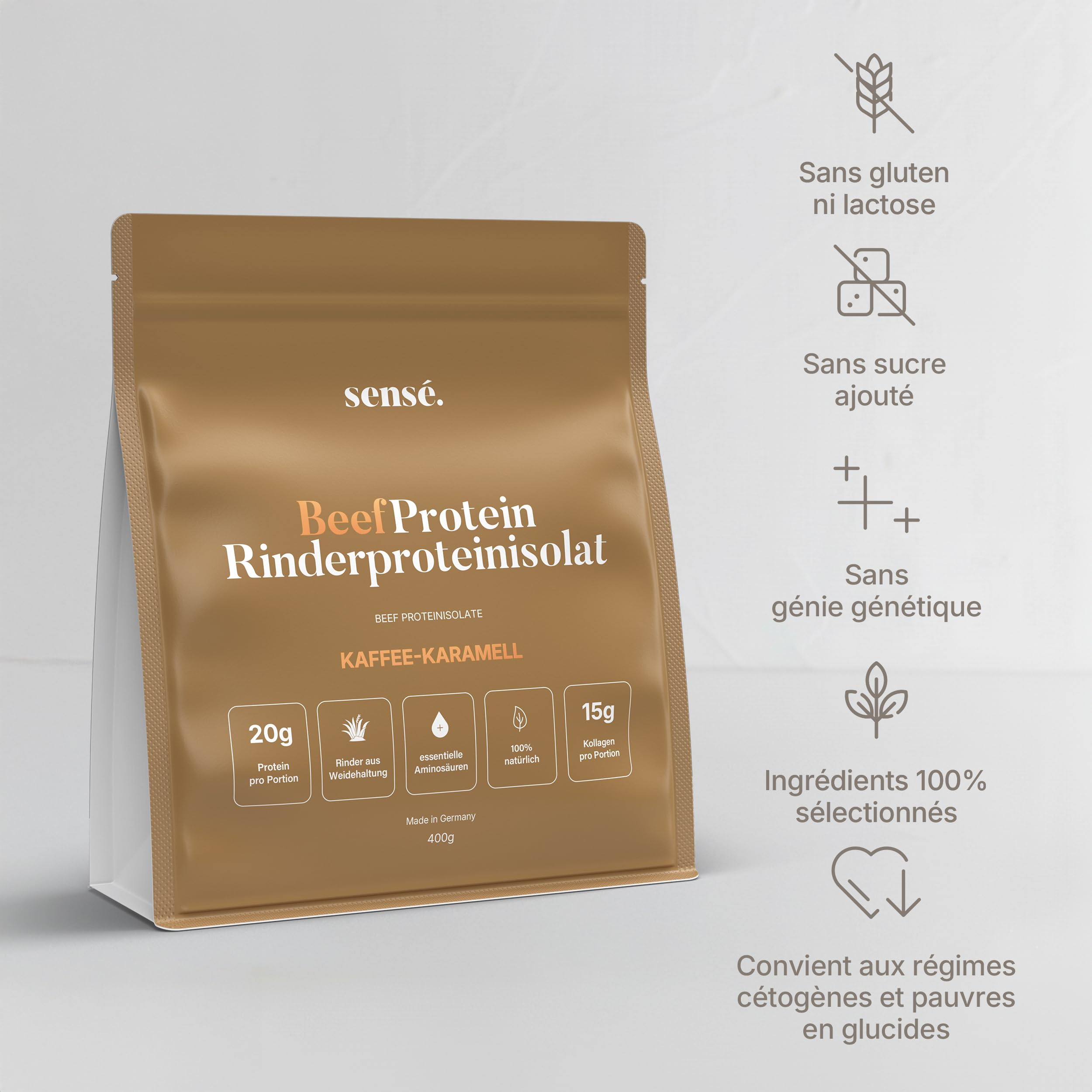 Poudre de protéines de bœuf au café et au caramel 400 g - 100% naturel | 20 g de protéines | 5% de café instantané et d'écorces de psyllium | Bioactif | Collagène 1, 2 et 3 | Bouillon d'os de bœuf