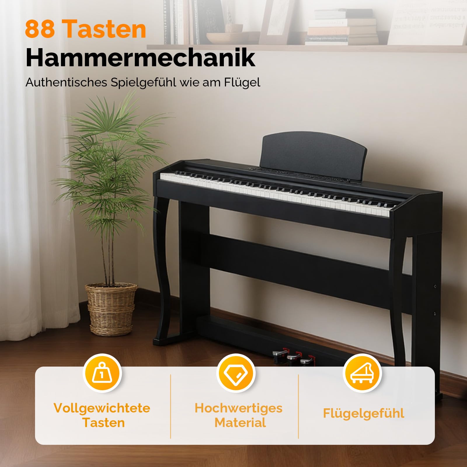 Bonnlo Digitalpiano mit 88 gewichteten Tasten, E-Piano Keyboard mit 3-Pedal-Einheit für Anfänger, MIDI-USB, Doppel-Bluetooth, LCD-Display, Stereolautsprechern, 800 Klänge und 200 Rhythmen, Schwarz