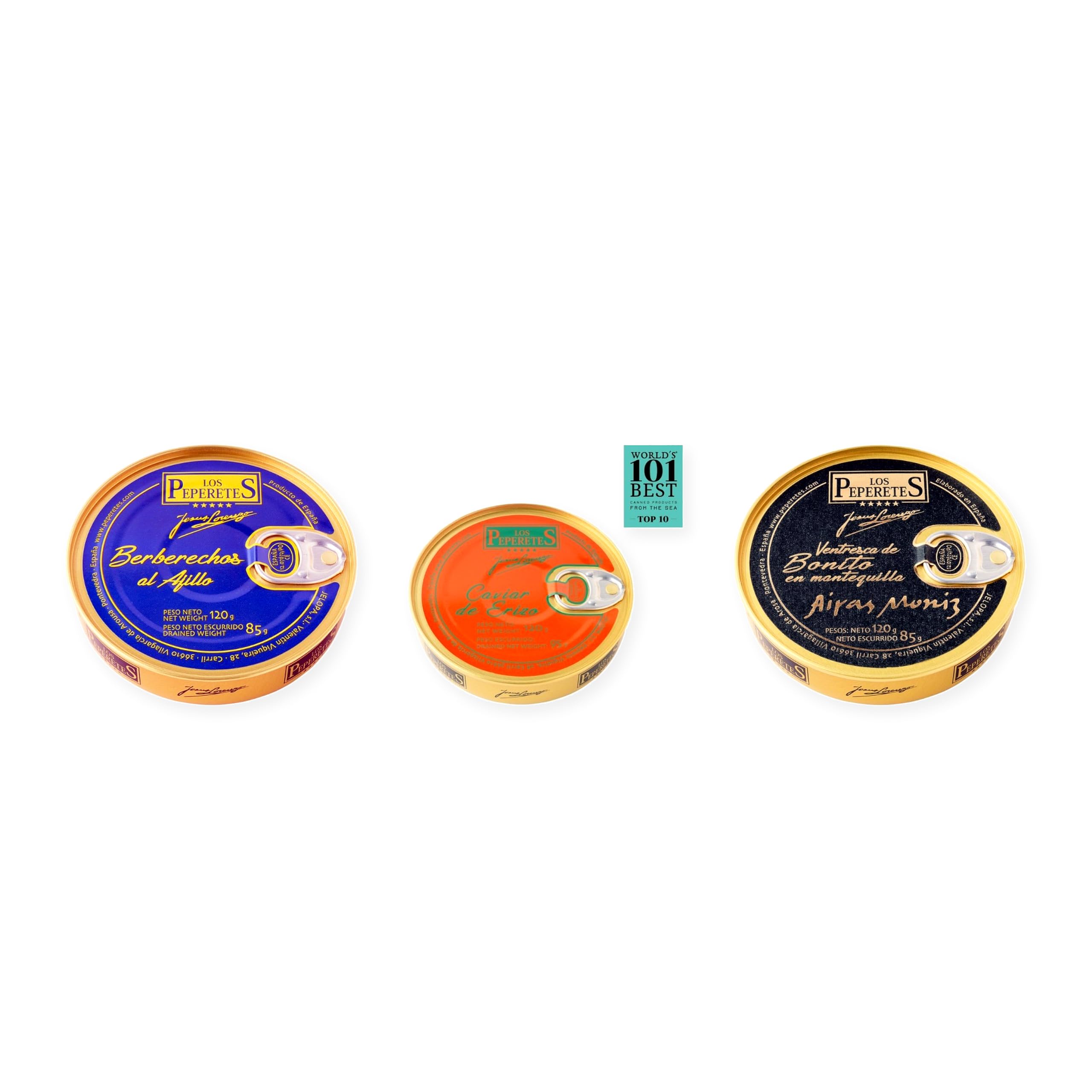 los peperetes conservas Berberechos Ajillo, Caviar Erizo y Ventresca Bonito Mantequilla pack 3 latas