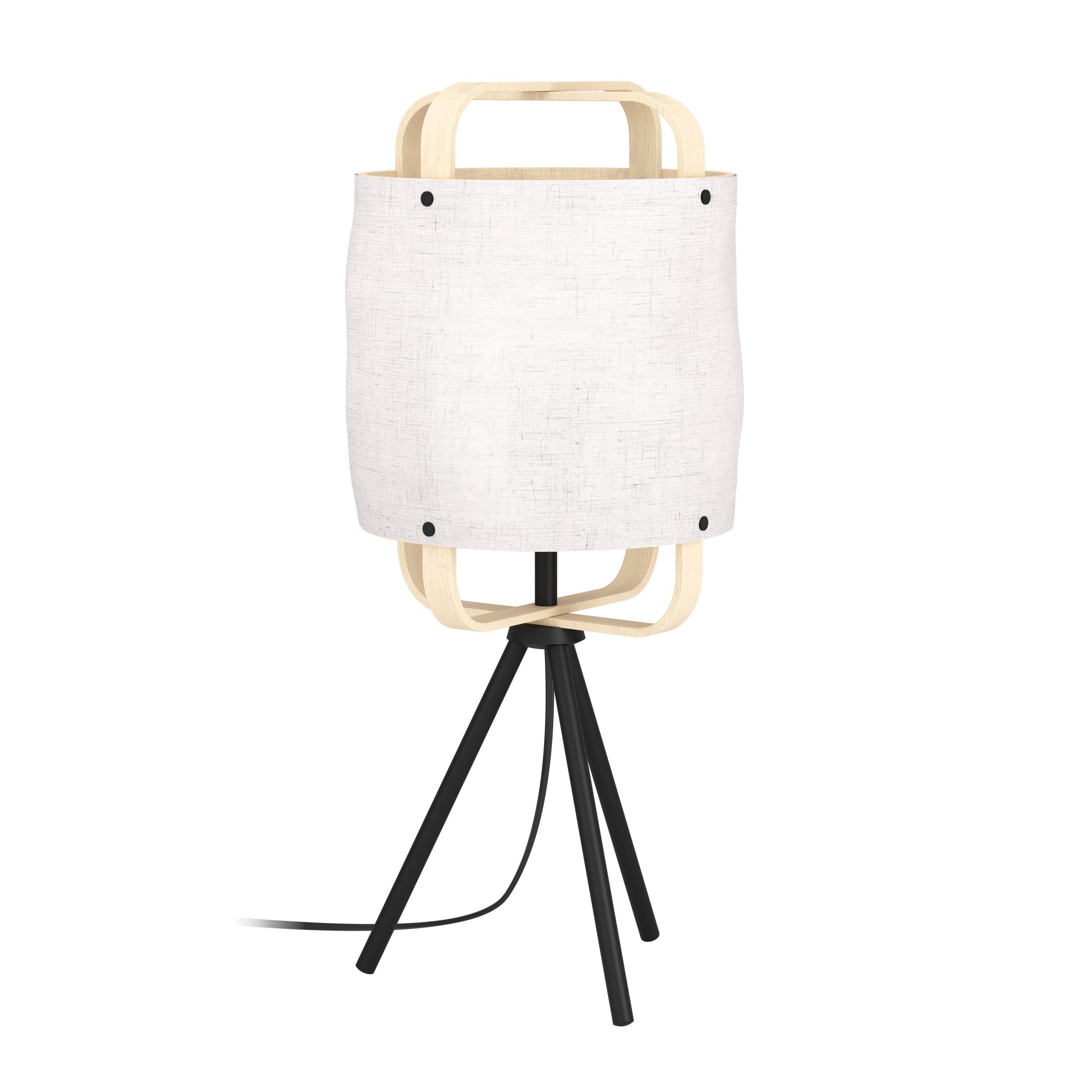 Eglo Surfleet Lámpara de mesa con trípode, de madera y algodón de aspecto lino y metal negro, pequeña lámpara de pie para salón y dormitorio, casquillo E27