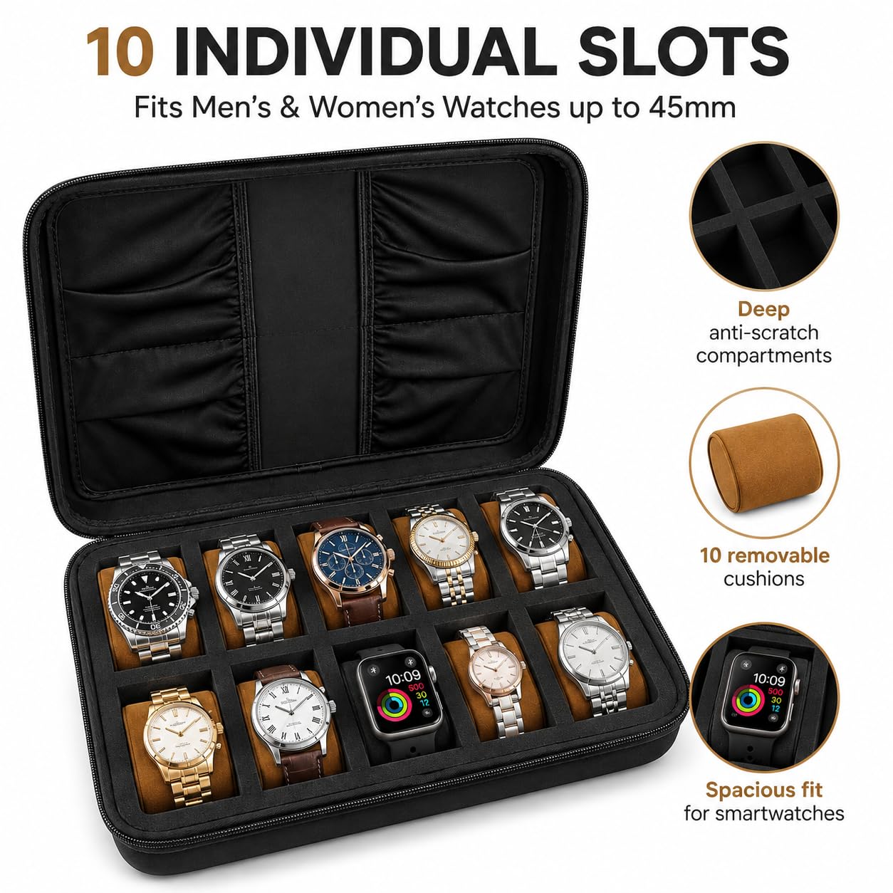 Comecase 10 Slot Watch Case for Men Women, Portable Travel Watch Organizer view 2