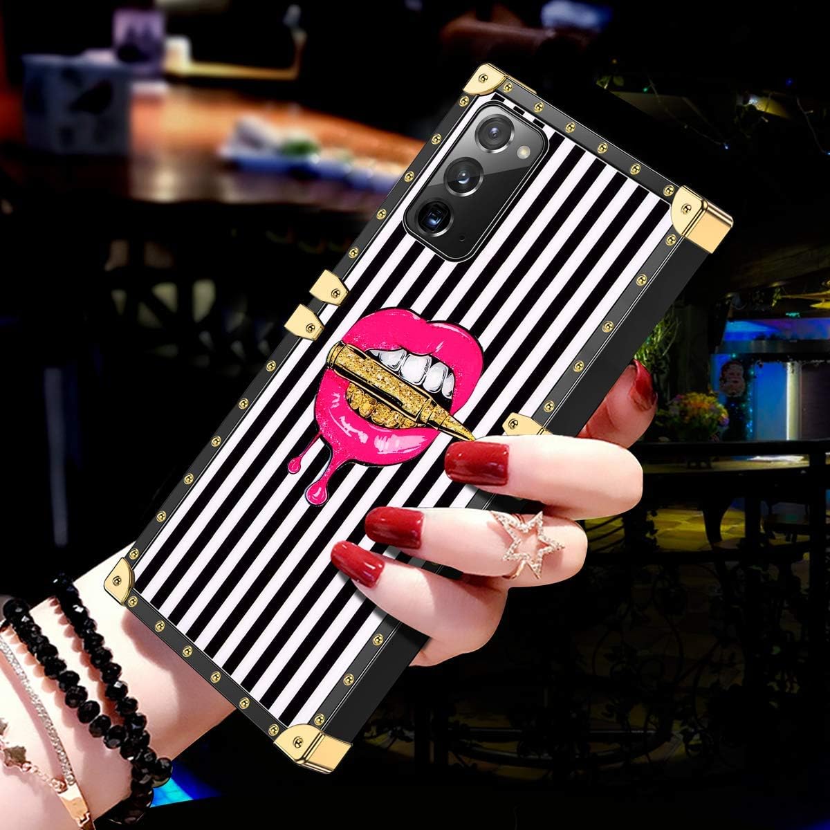 JAKPAK for Galaxy Note 20 Case with Kickstand for Girls Women TPU Luxury Case with Strap Shockproof Protective Heavy Duty Metal Cushion Reinforced Corners Case for Galaxy Note 20 5G 6.7 inch Lip Pink