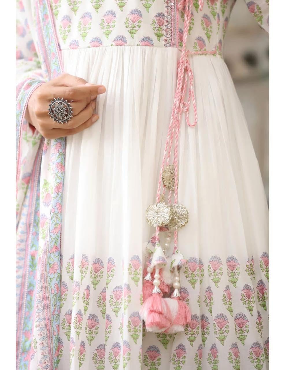 RangMahal indyjskie damskie spodnie z czystej bawełny haftowane Anarkali Kurta Tussle Dupatta zestaw