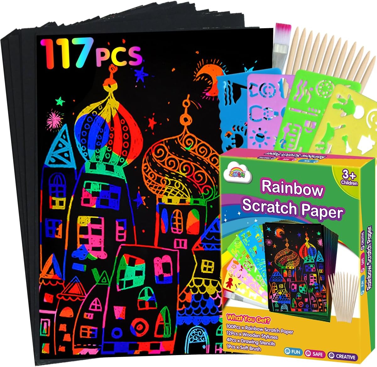 ZMLM Rainbow Scratch Paper Kit: 117Pcs Magic Art Craft Stuff Supplies Black Drawing Pad for Age 3-12 Kids Children Girl Boy DIY Toy Activity Educational Party Faver Christmas Birthday Gifts